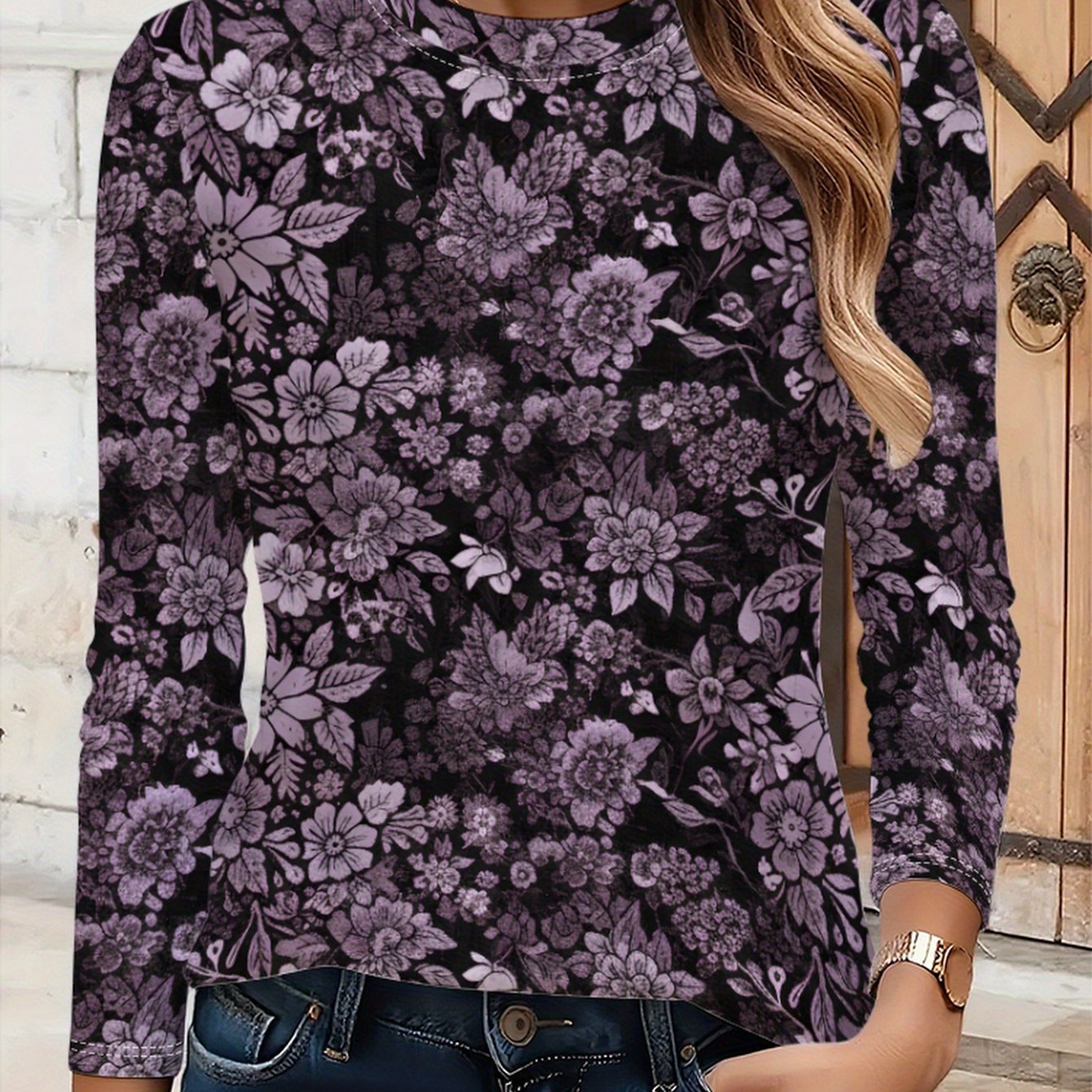 TEMU Floral, Ditsy Floral, Purple , Drawing, Colors, Autumn Winter New Product, Print, Casual Fashion, Versatile Trendy Women's Top, Women's Round