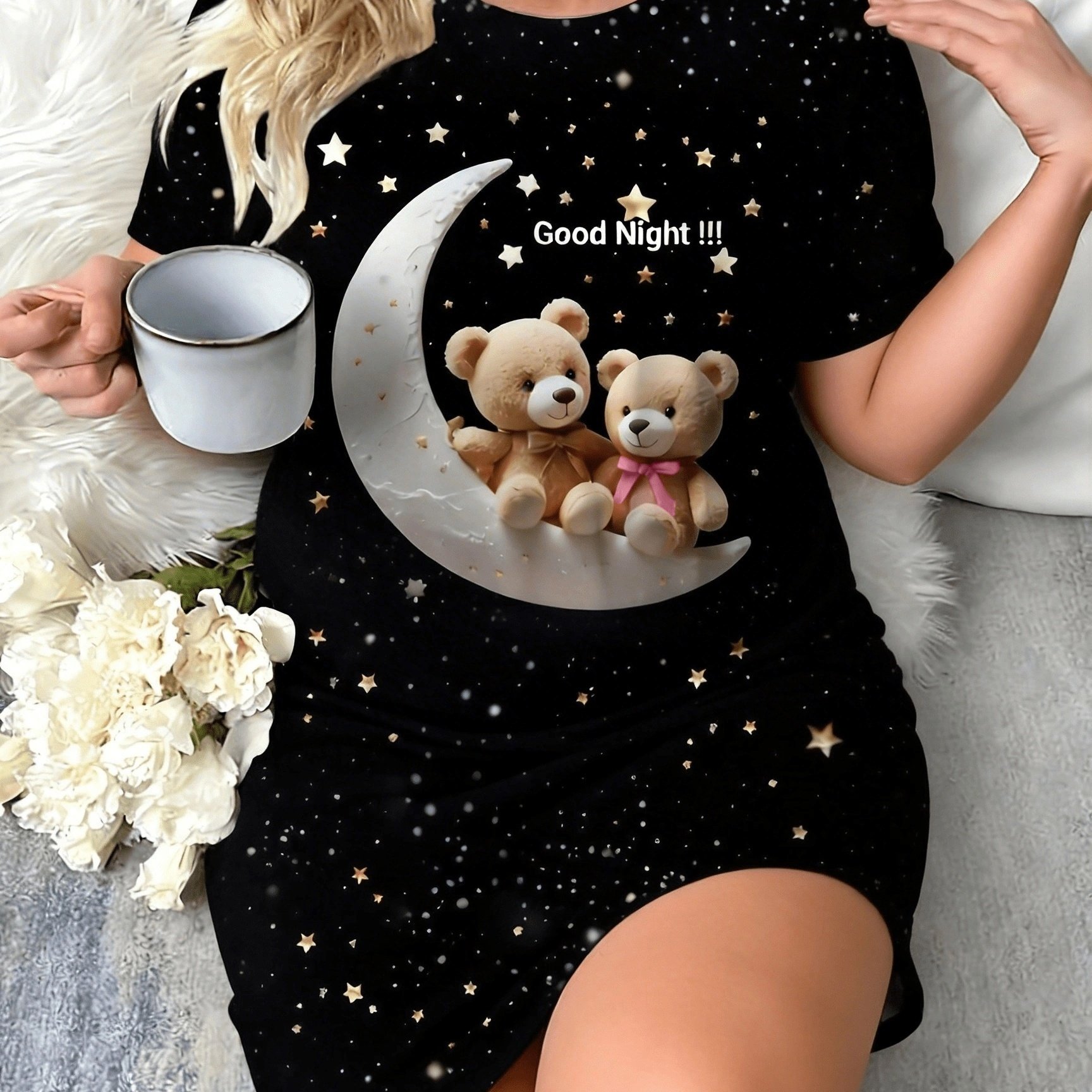 Image of 2026 New Plus-size European And American Women's Fashion Black Nightgown With Teddy Bear, Moon, Stars, And "" Lettering Night Sky Pattern, Embellished With Stars, Polyester Pajamas, Machine Washable