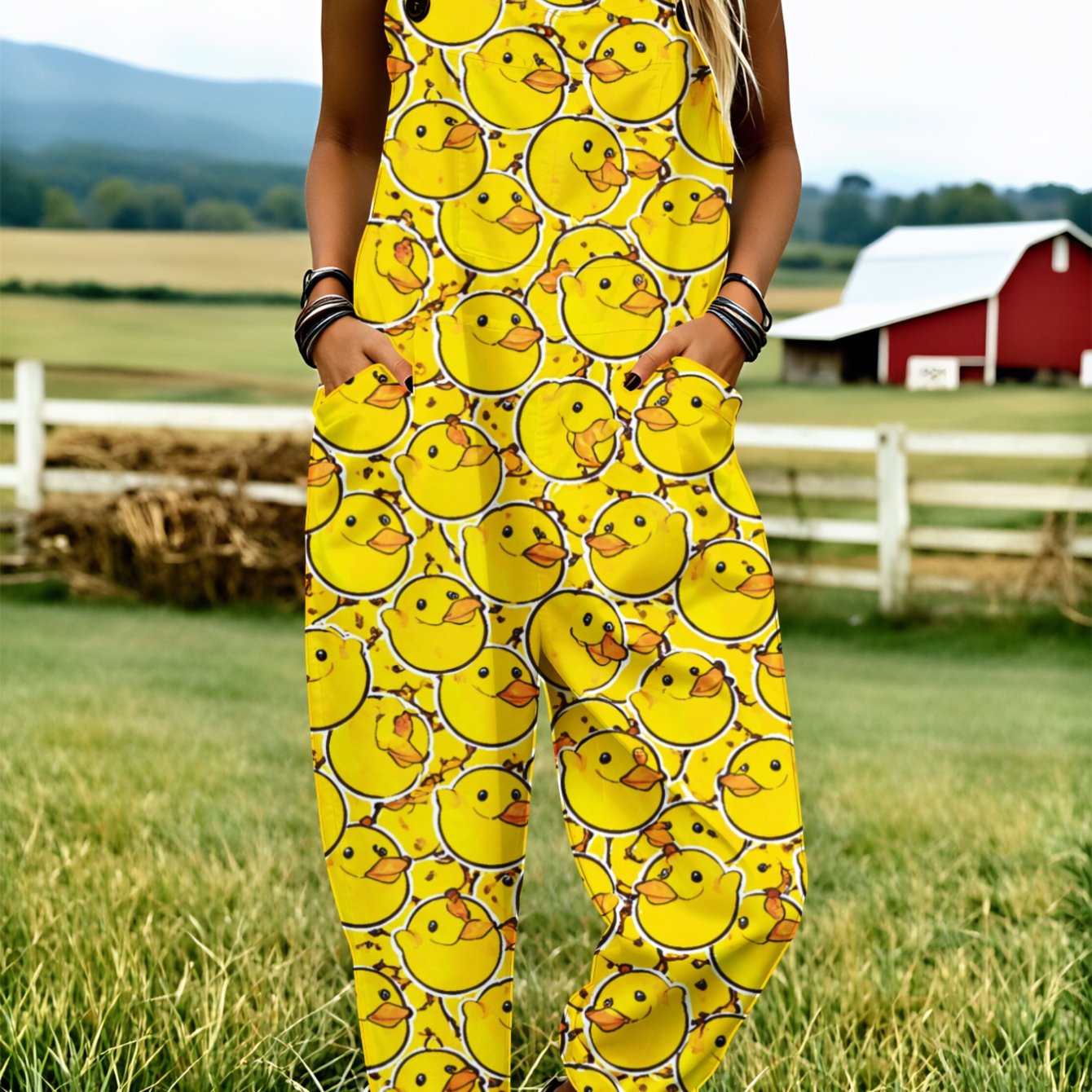 Image of Plus Size, Plus Size Women's Overalls 0xl-5xl Yellow Duck Faces Pattern Print Comfortable And Breathable Loose-fitting Overalls Clothing Fashionable Clothing Suitable For Spring, Summer And Autumn