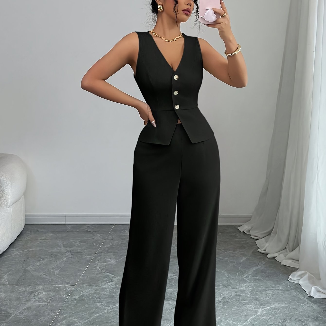 Image of Sleeveless Elegant Vest And Women's Pants Set, Summer Office Wear