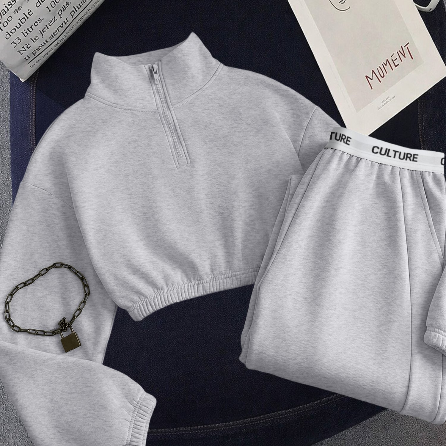 TEMU Two-piece Set For Women Featuring A Cropped Top With A Stand Collar And Loose-fitting Pants, Designed For A Relaxed And Comfortable Daily Wear
