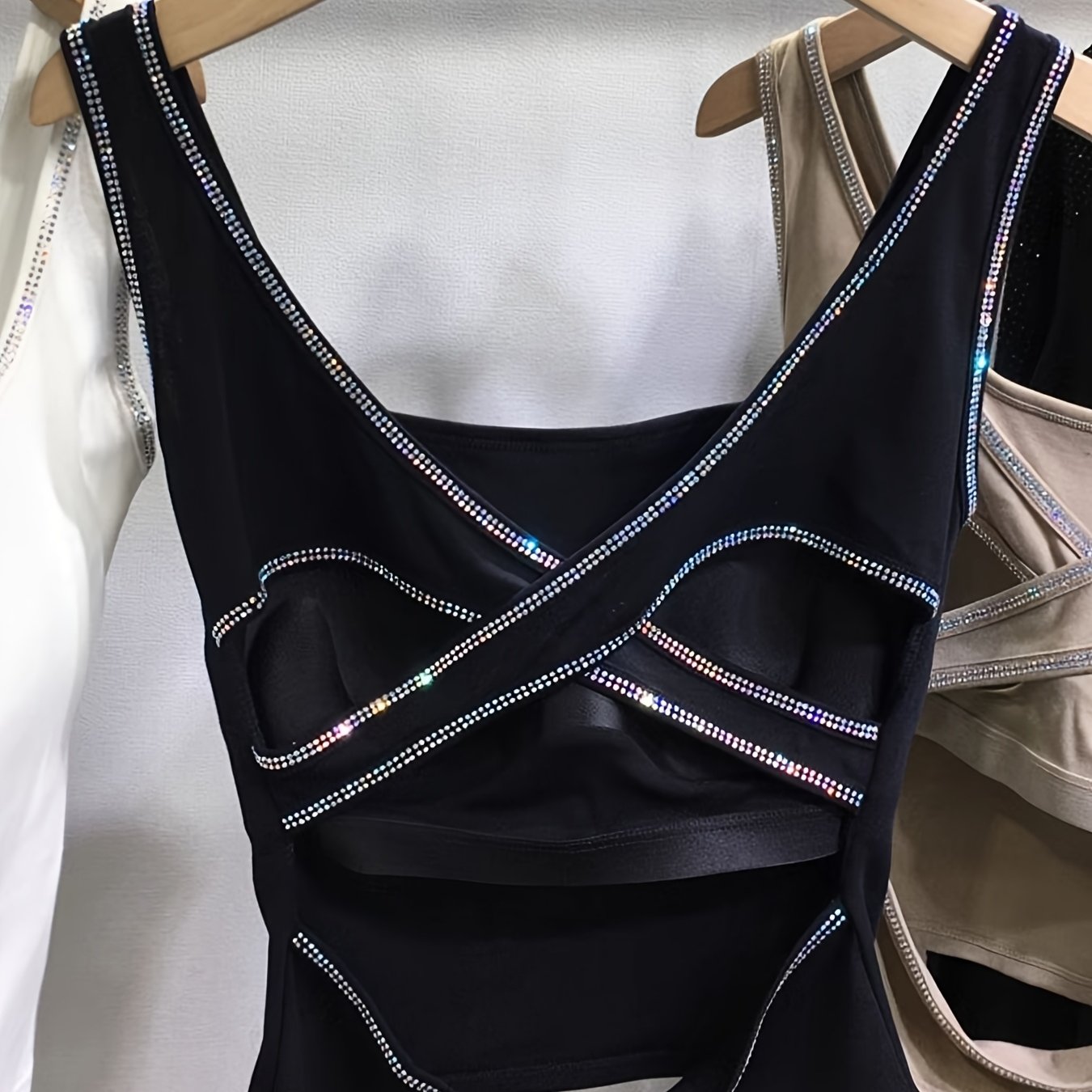 Image of Plus Size Tank Tops With Built In Bras - Plus Size Tops For Women With Rhinestone Backless Cross Design - Soft & Breathable Stretchy Slim - Ideal For Fitness, Yoga, Running And Daily Wear