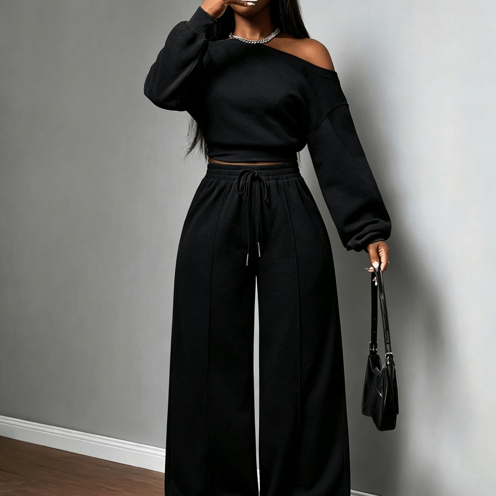 TEMU Dames 2-delige set: Modieuze off-shoulder sweatshirt met schuine kraag, casual outfit, stijl cropped off-shoulder crop top met bloot navel en