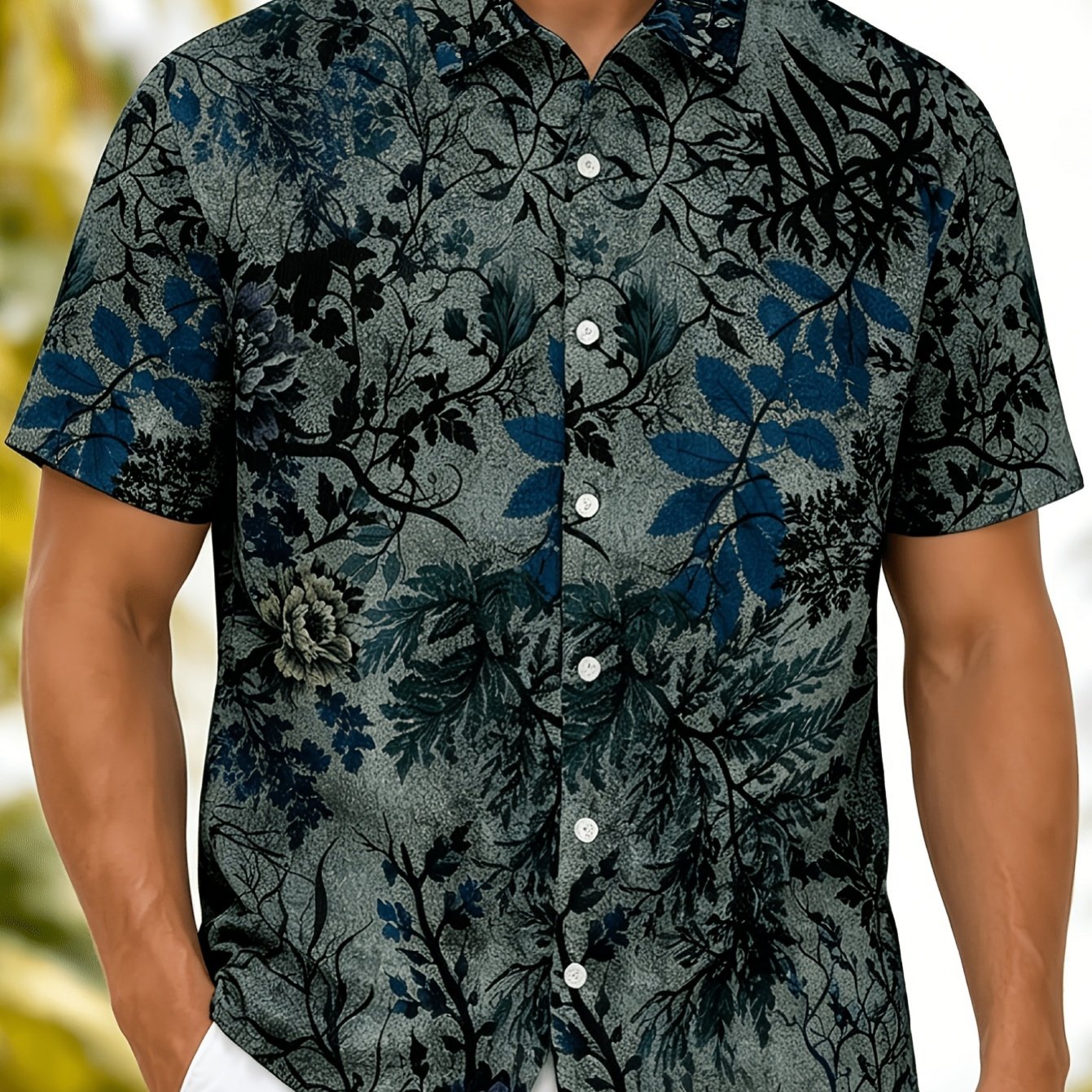 TEMU Men's Floral Hawaiian Shirt, Flat Print Textureless Vintage Forest Short Sleeve Top, Lightweight Breathable Casual Vacation Beach Shirt For
