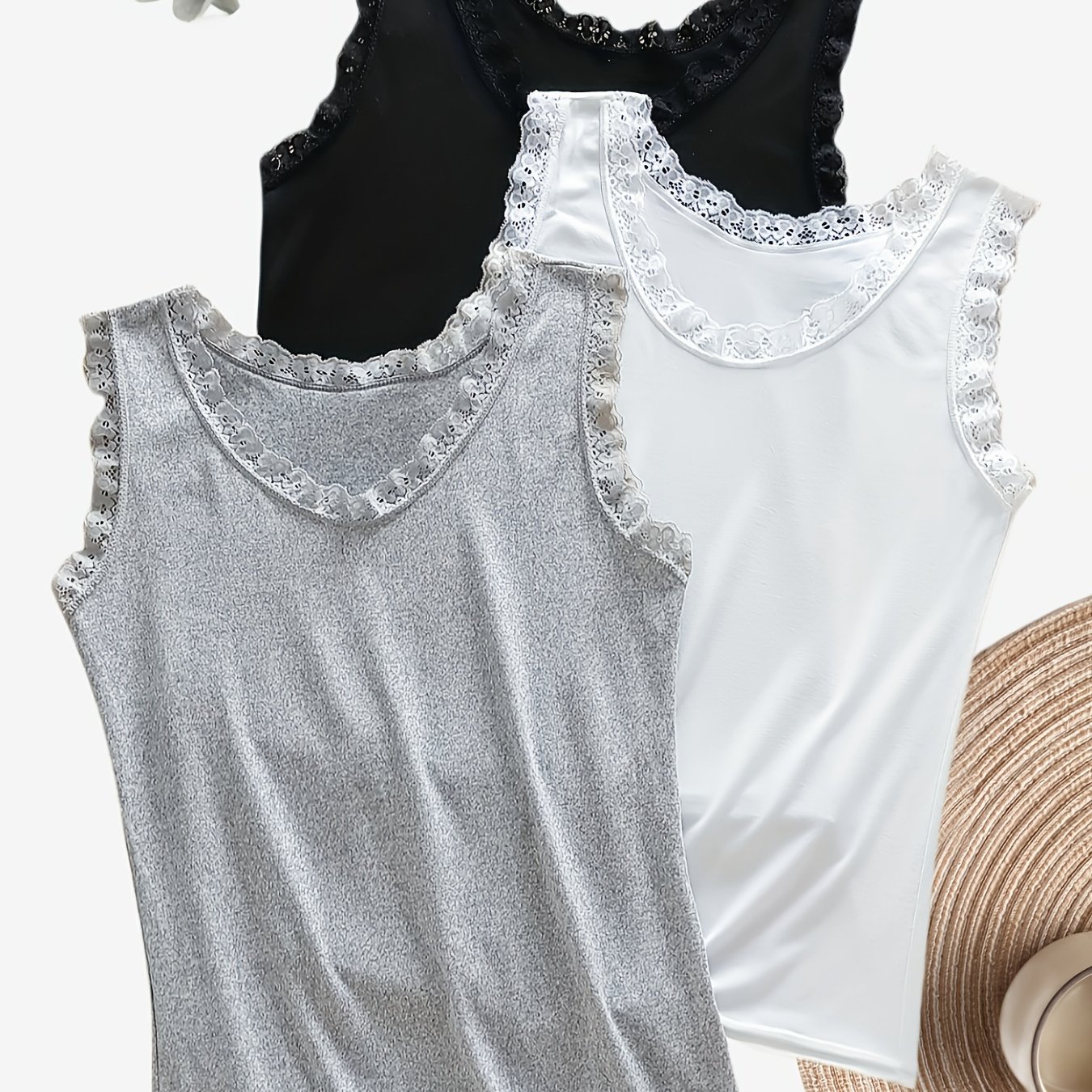 Image of 3pcs Set Lace Cami Top Casual All-match Sexy Elegant Fashion Spring Summer New Women's Top Outerwear Base Layer Comfortable Elastic Wardrobe Essential Suitable For Thanksgiving Christmas