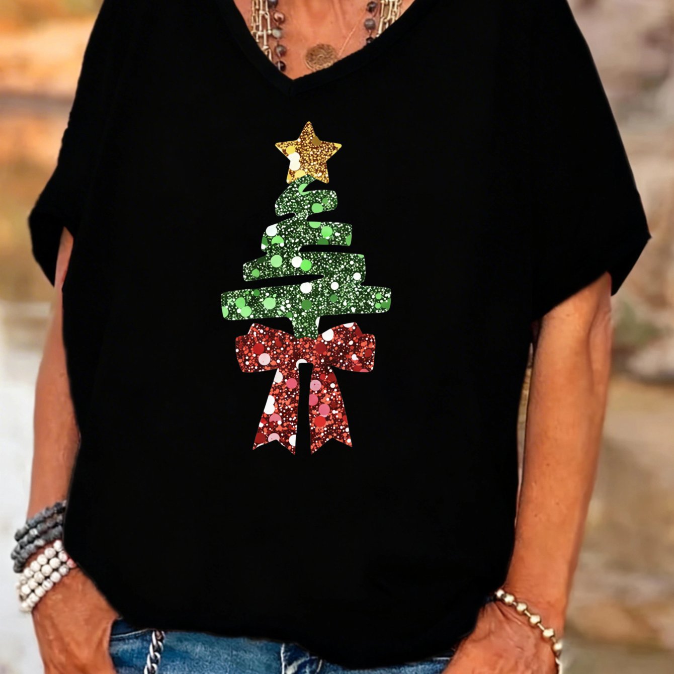 TEMU Plus Size, Casual Festive Plus Size Women's V-neck Batwing Sleeves T-shirt Glitter Christmas Tree With Red Bow And Holiday Winter For Mom Wife