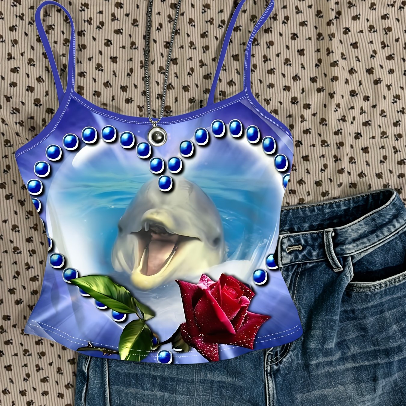 TEMU Dolphin Pattern Cami Top, Women's Printed Sleeveless Blouse, Trendy Individual Fashion Outfit