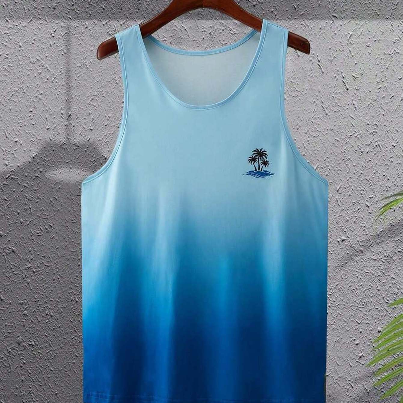 TEMU Men's Crew Neck Gradient Tropical Plant Comfortable Tank Top For Vacation, - Non-textured