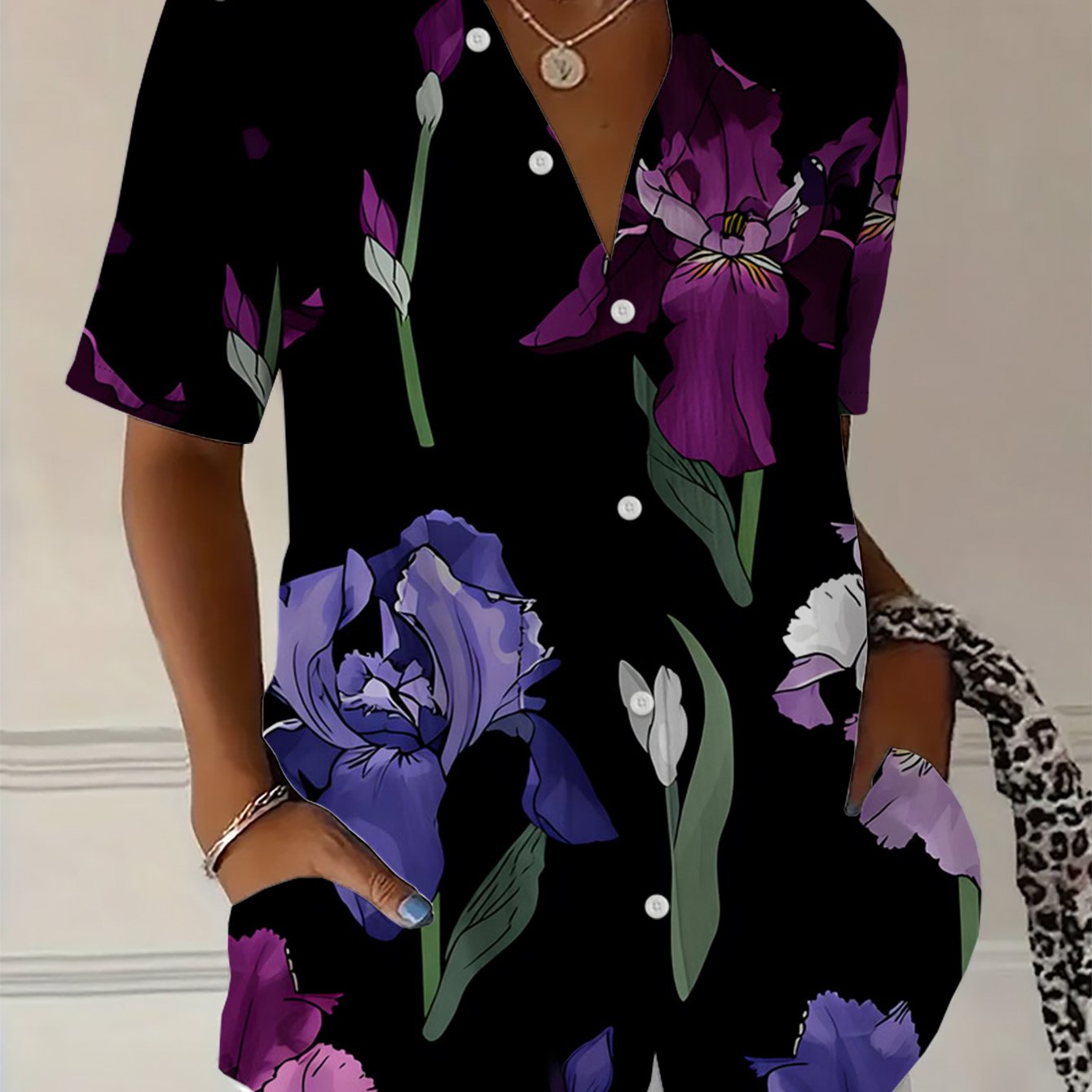 TEMU Women's Casual Fashion Simple Flower Pattern Shirt, Standard Size, Soft And Comfortable, Machine Washable, Suitable For Office And