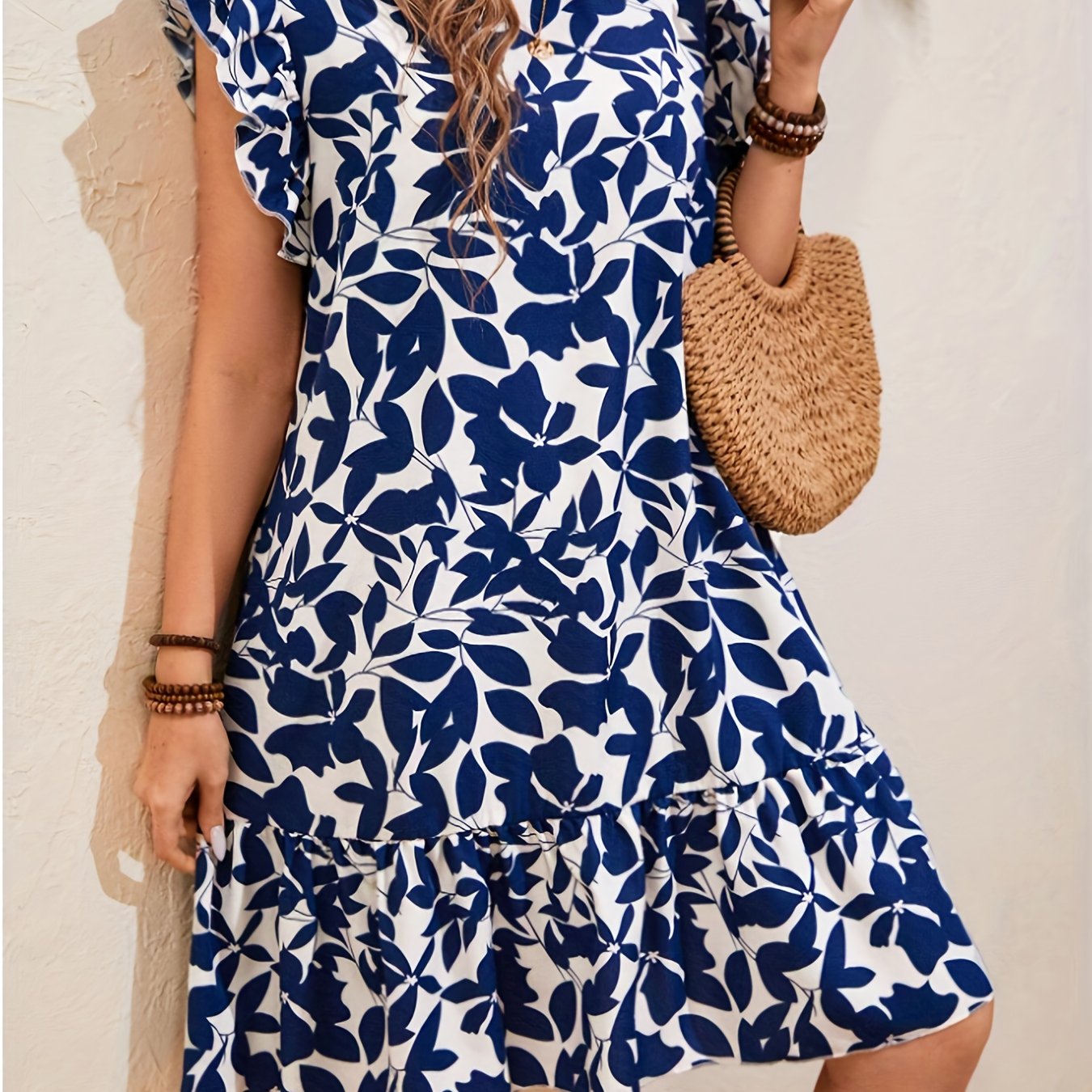 Plus Size Women's Elegant Navy & White Floral Print Summer Dress With Puff Sleeves, Hem & Fitted Silhouette - Machine Washable, Cute Summer Dresses