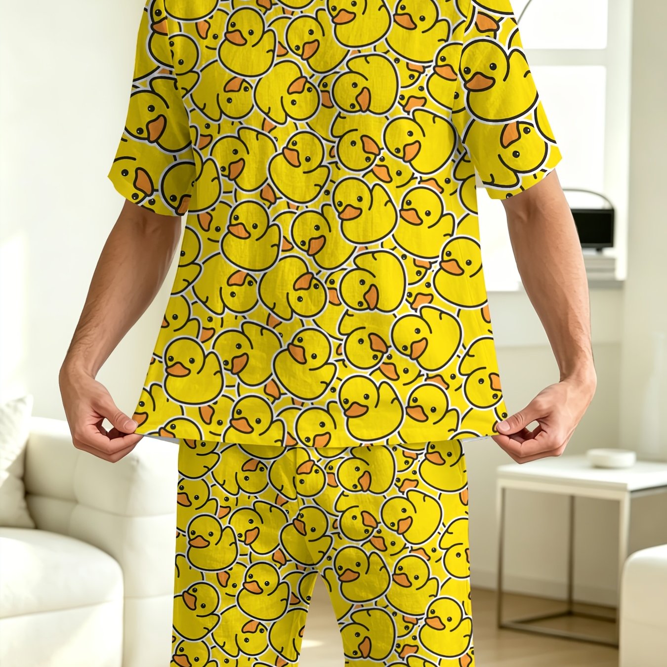 TEMU Latest Men's Cute Little Yellow Duck All-print Short Sleeve Pajama Set, Round Neck Top And Elastic Waist Shorts Summer Wear