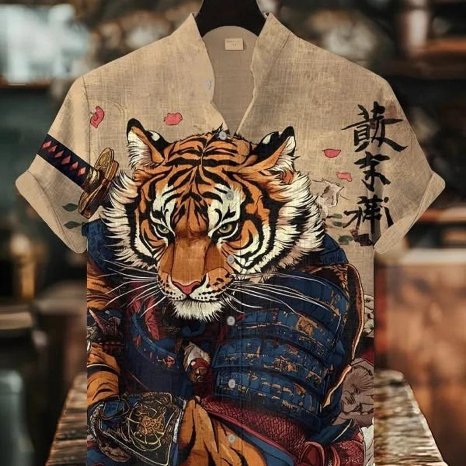 Image of Men's Stand-collar Pocket Dress Shirt, Japanese Tiger Print, Polyester Fabric, Outfit, Mixed Color, Multiple Specifications , Suitable For Daily Wear & Formal Occasions