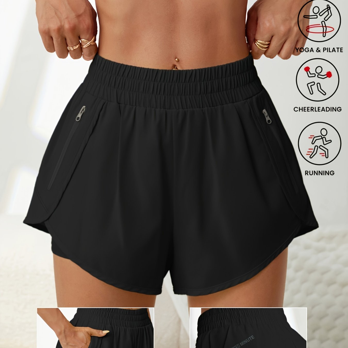 TEMU Women's Casual Sports Quick-dry Double-layer Shorts With Zippered Pockets