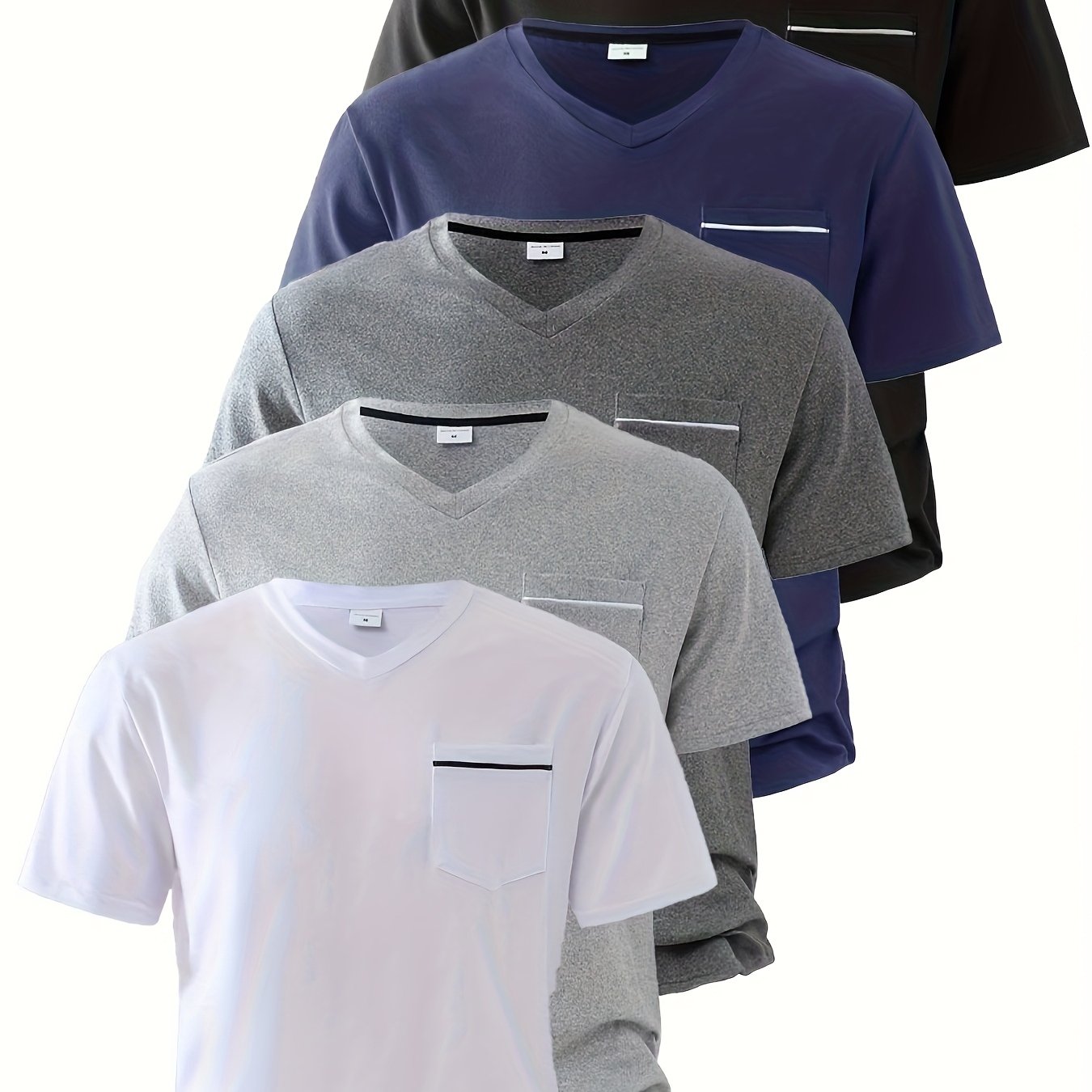 TEMU 5-pack Casual Black V-neck Short Sleeve T-shirts | Fashionable Tops, Knitted Fabric, Medium Stretch, Solid Color, Regular Fit