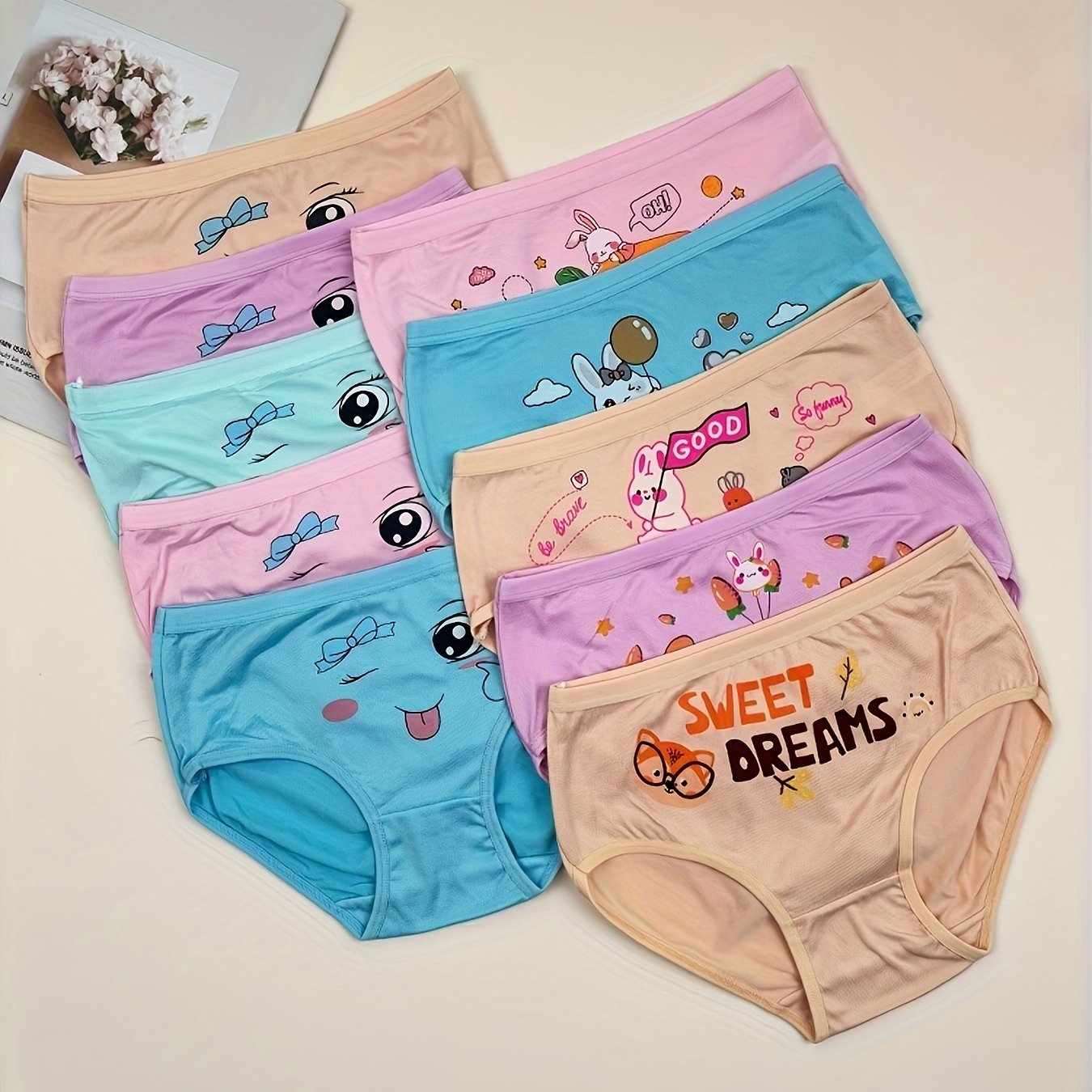 Image of 5pcs Random Color Girls' Cute Print Underwear - Soft Fabric Mid-rise Panties With Cartoon Puppy, Bunny, And Hearts Design, Breathable & Comfortable For Casual Attire, Cute Underwear, ' Apparel