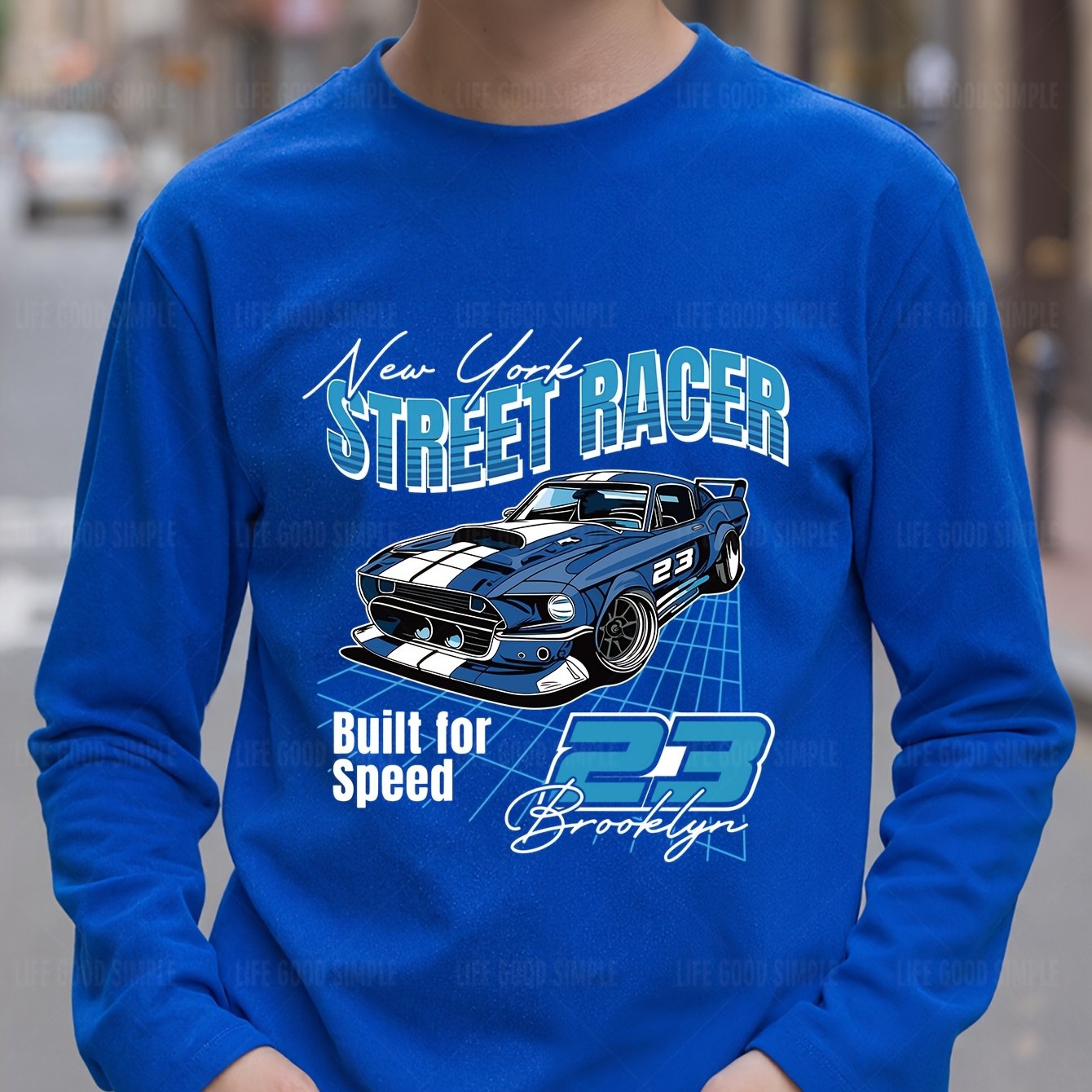Image of - Trendy Racer Car Print Boys' Crewneck Long Sleeve T-shirt. Regular Fit With Stretch. Features A Stylish No. 23 Racing Print. Kids' Casual Crewneck Long Sleeve Base Layer T-shirt For Autumn/winter