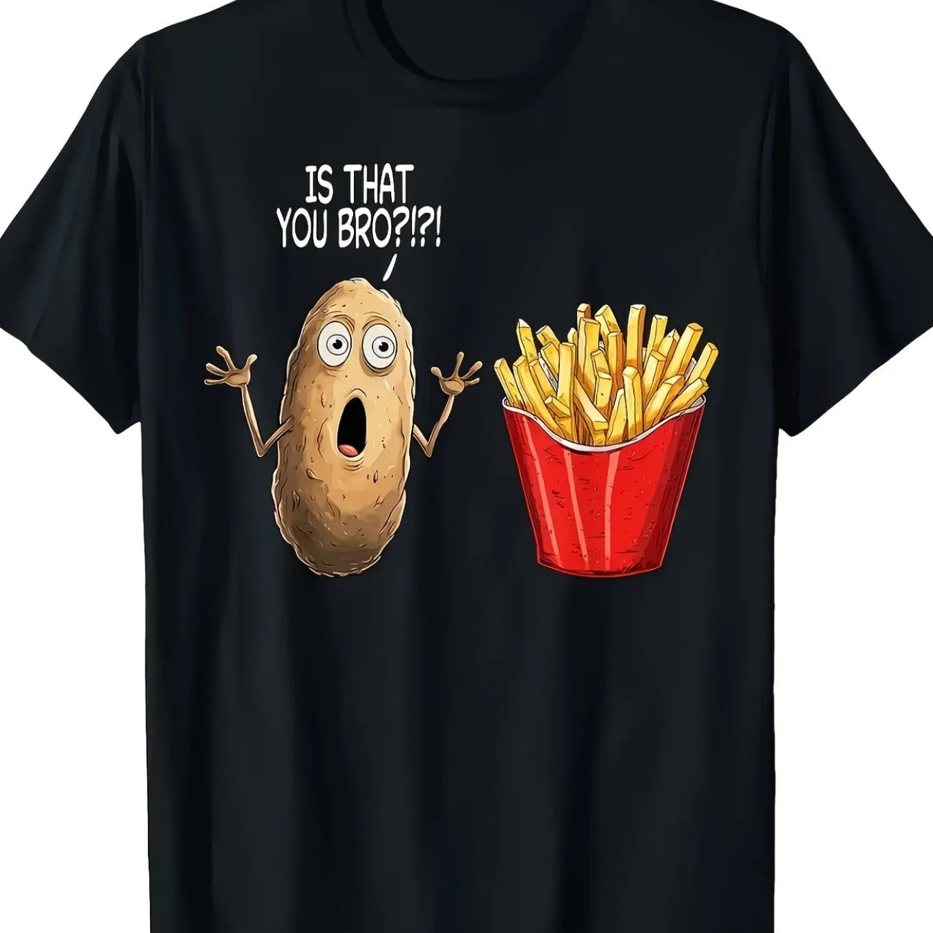 TEMU Men's Humorous ' You, Bro?' Potato Chips Pattern T-shirt - Black Casual Breathable Crew Neck Top, Machine Washable Regular Fit, Suitable For