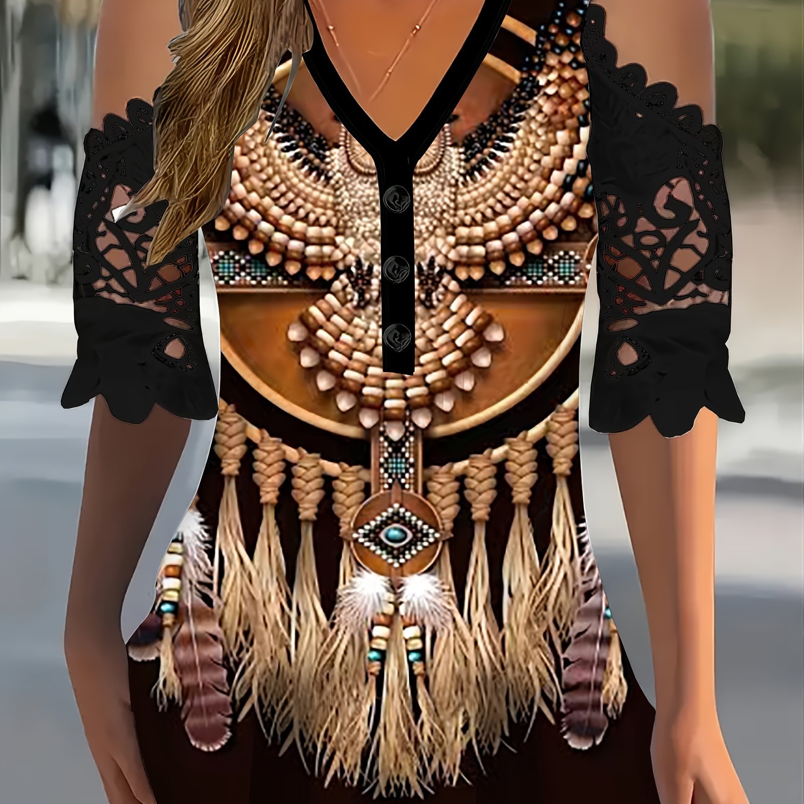 Vacation-inspired Women's Contrast Lace Sleeve Print T-shirt