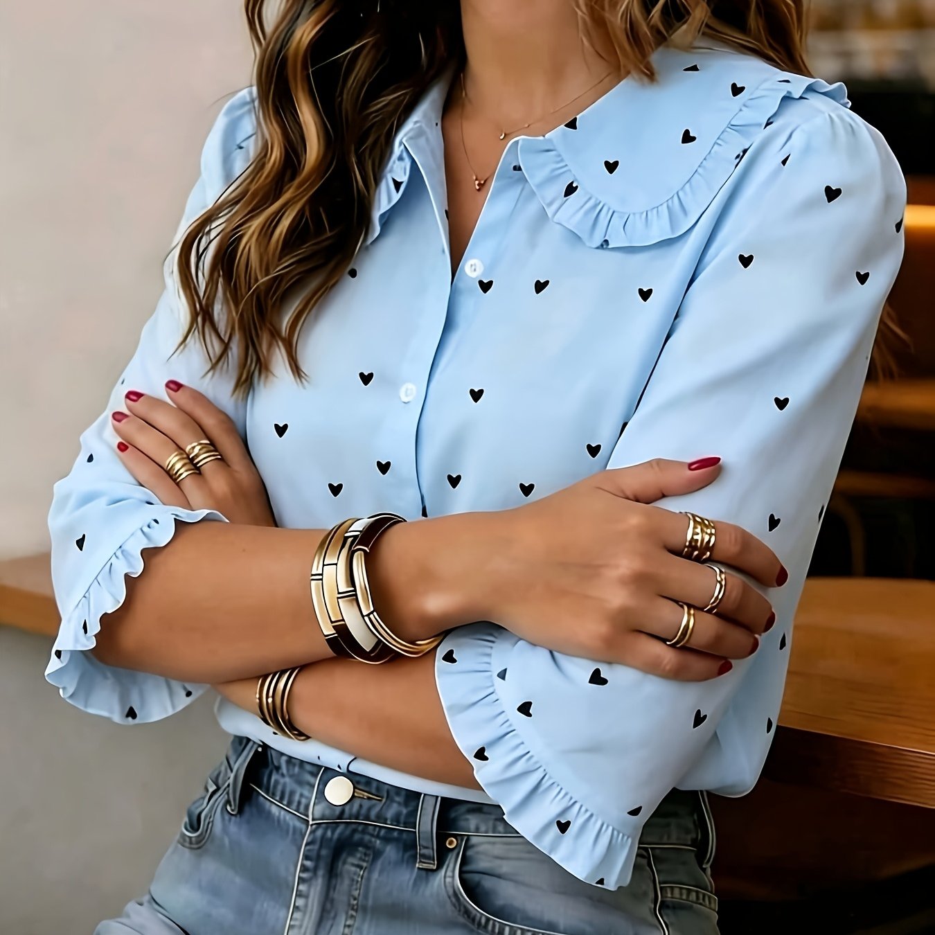 TEMU Print Short Sleeve Blouse With Peter Pan Collar And Cuffs