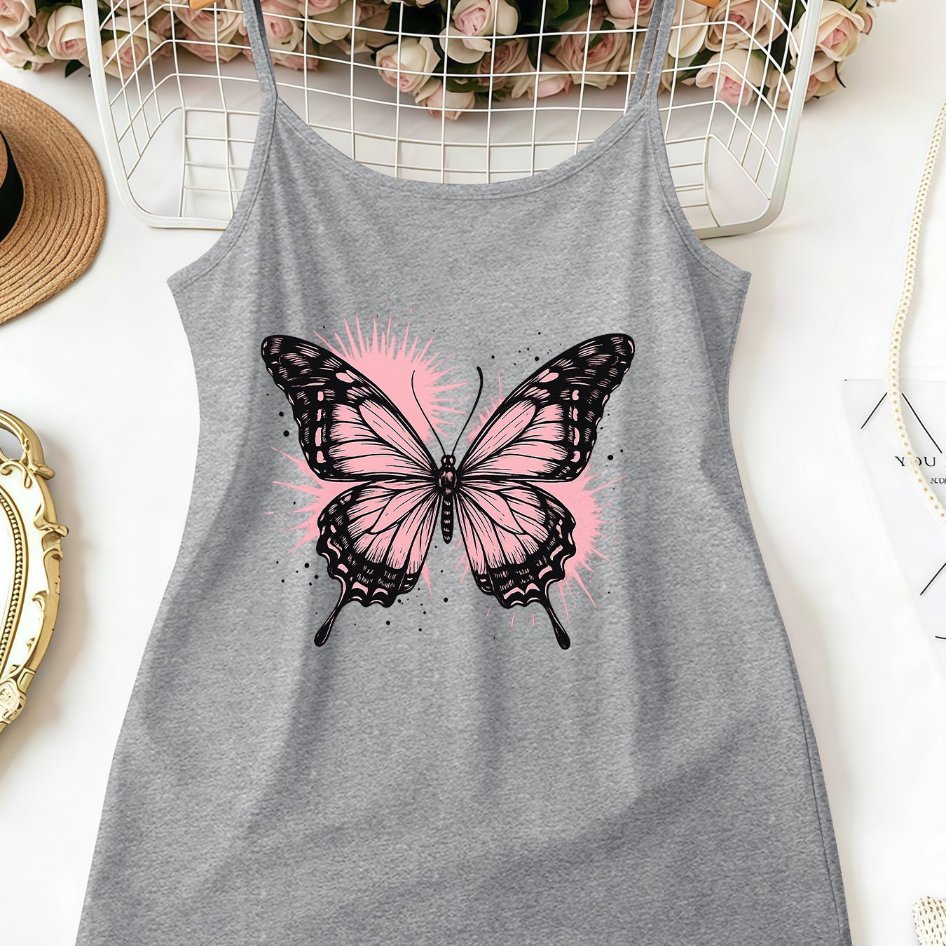 TEMU Plus Size, Summer Size Women's Top, Trendy New Arrival, Thin Spaghetti Strap High Neck Top, Black And Pink Print, Bodycon Sexy Camisole,