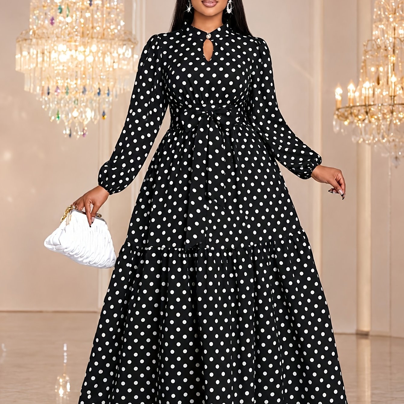 TEMU Robe longue à grande taille pour femme, robe maxi superposée à col , manches lanternes ajourées et taille nouée, vêtement d'automne pour femme,