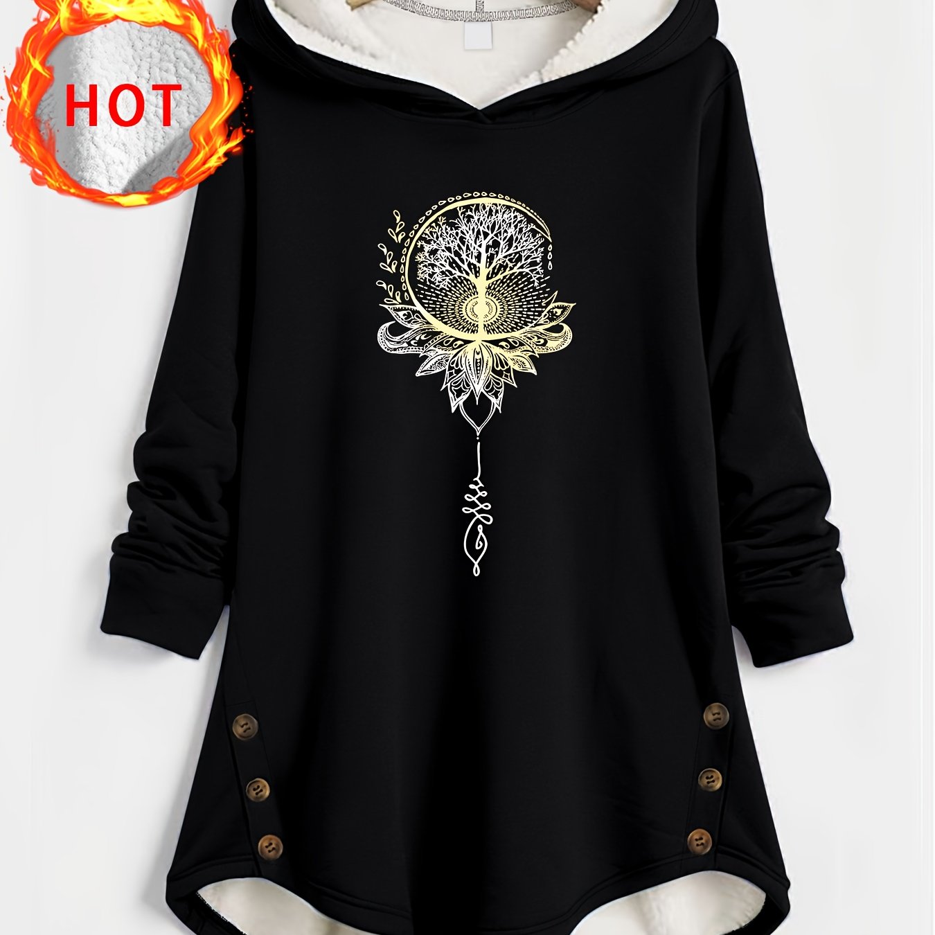 TEMU Women's Warm Fall/winter Hooded Coat - Lined Hood, Hoodie Sweatshirt Printed Pattern , Soft Material Hoodie With Rope | Washable, Worn In