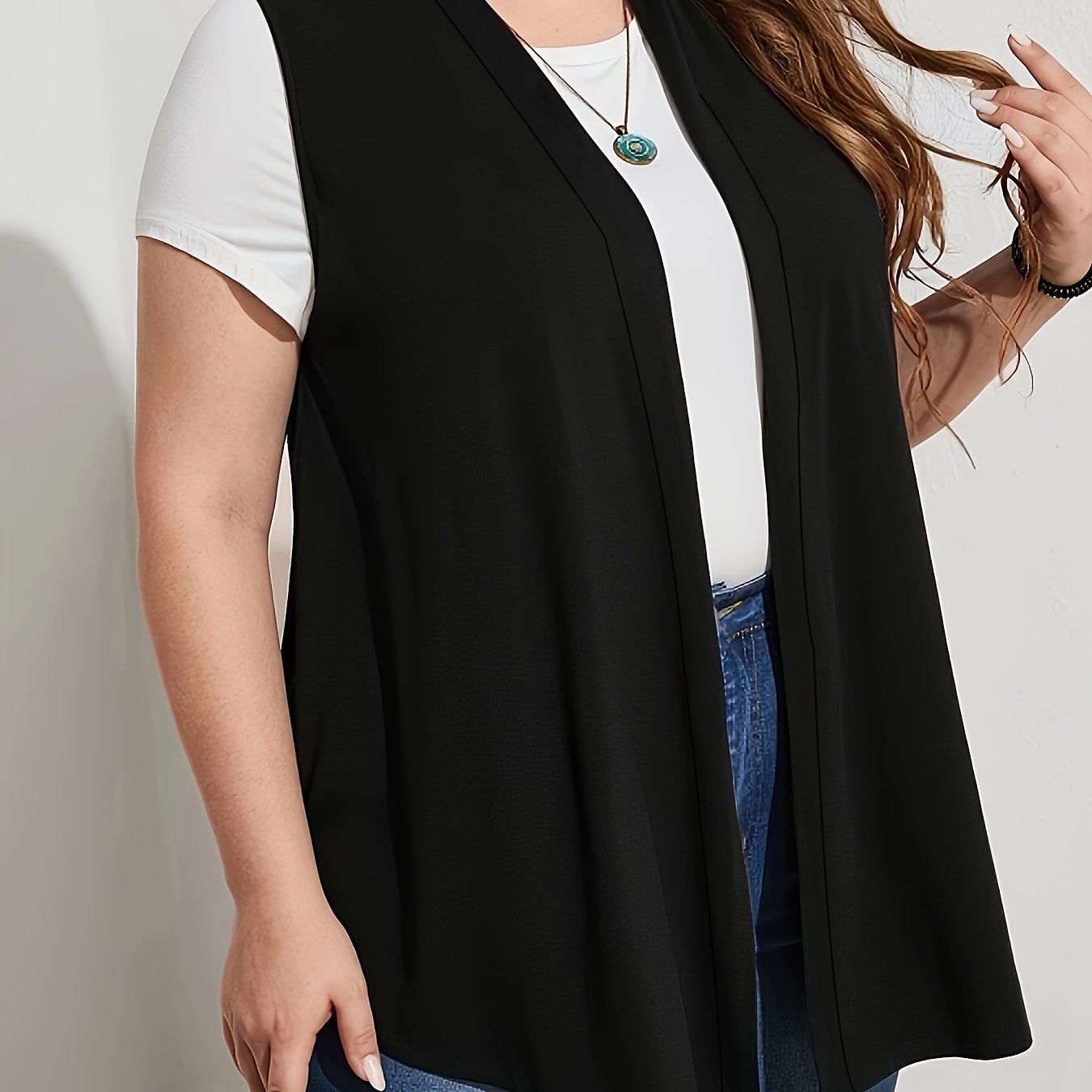 TEMU Plus Size Elegant Knit Vest Top With Cardigan Collar, Solid Color Polyester Open Front Sleeveless Outerwear