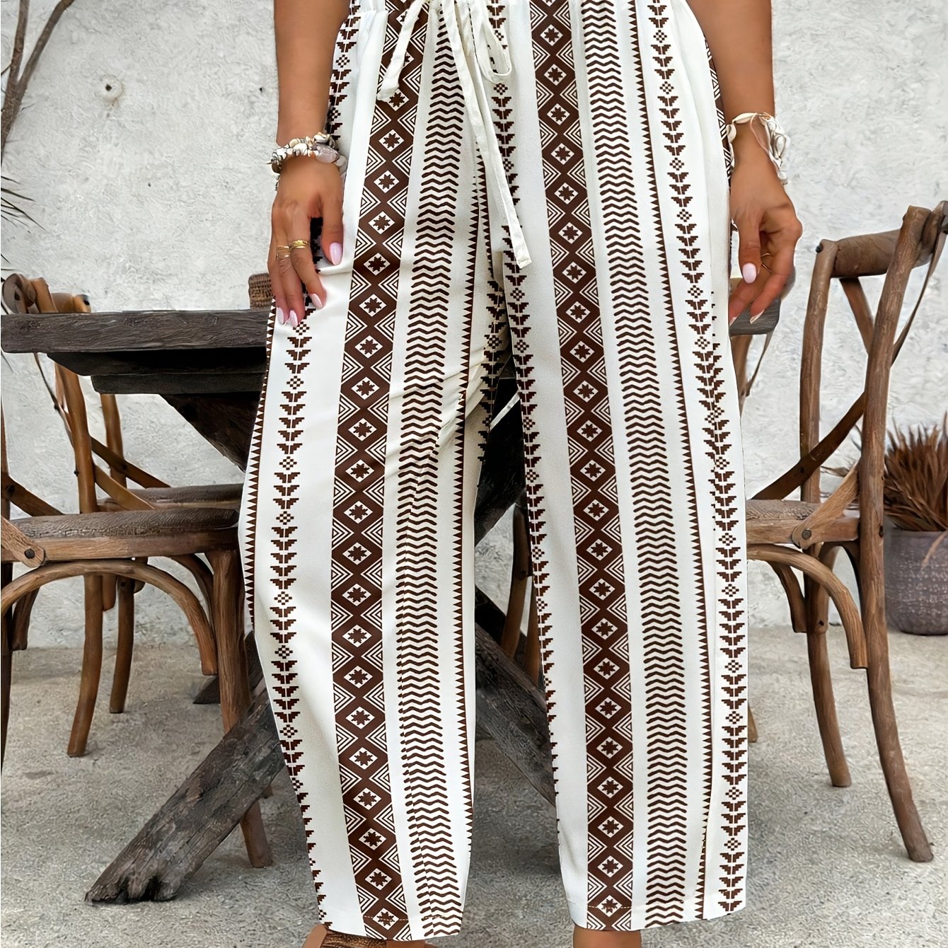 TEMU Plus Size, Plus Size Women's Vacation Geometric Print Drawstring Waist Pants