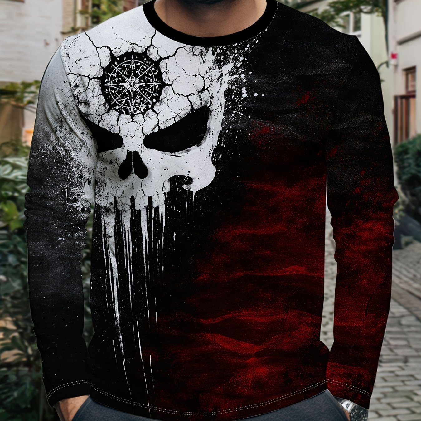 TEMU Men's Trendy Skull Print Crewneck Long Sleeve Topdark Fashion Casual Base Layer Stylish Streetwear Versatile Sweatshirt