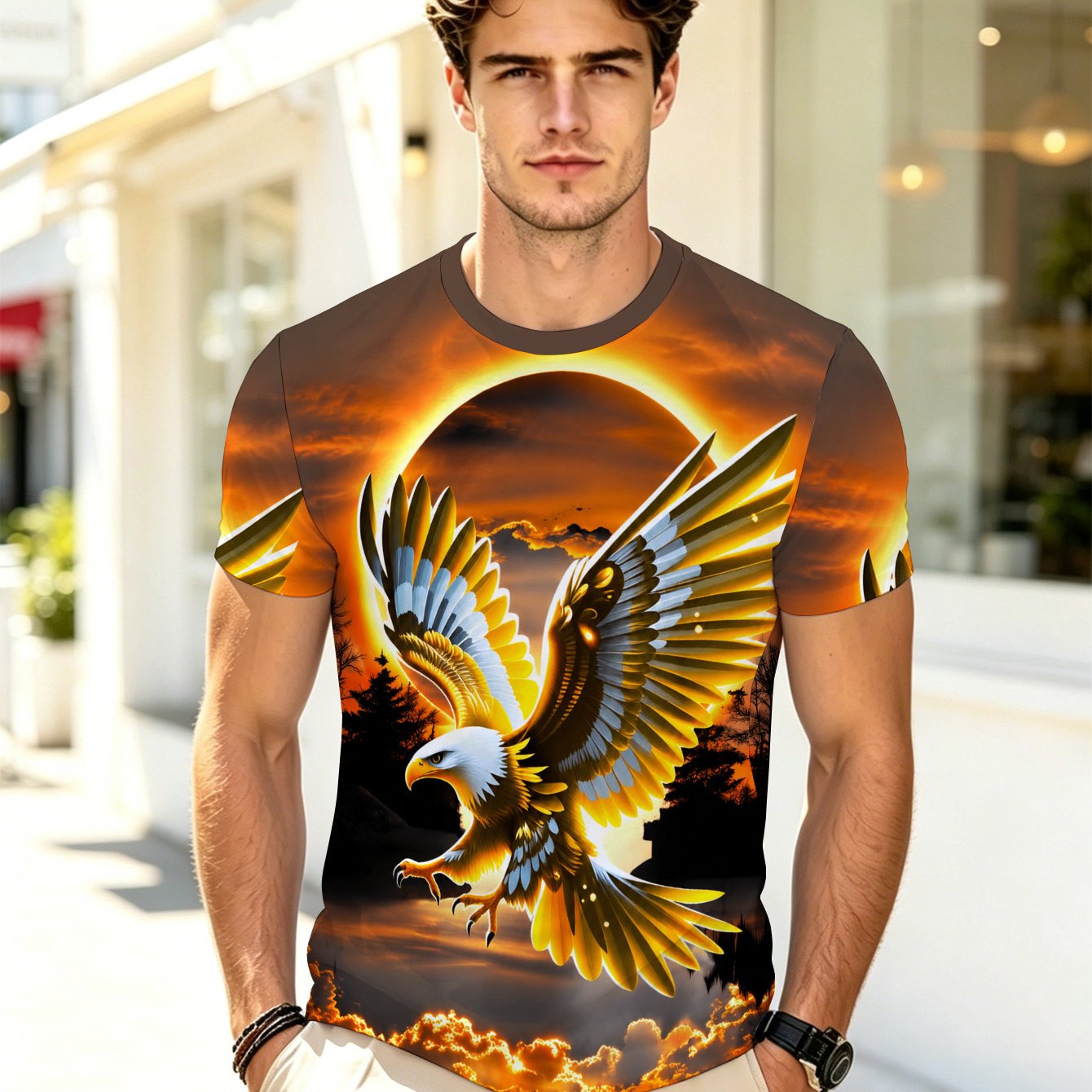 TEMU Men's Casual T-shirt, Eagle Print Tee - Sunny And Design, Breathable Round Neck , Machine Washable Summer Top, Unique Gift, Artistic And