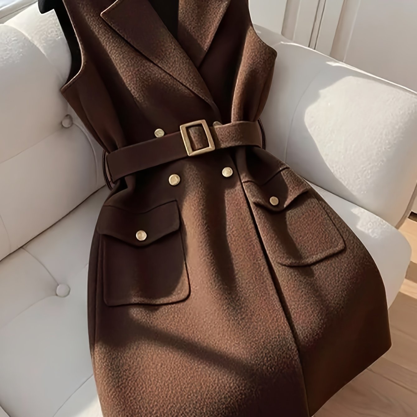 TEMU ASD1 Automne Hiver Gilet à Double Patte de Bouton et Poches avec Ceinture, Directionnel Élégant