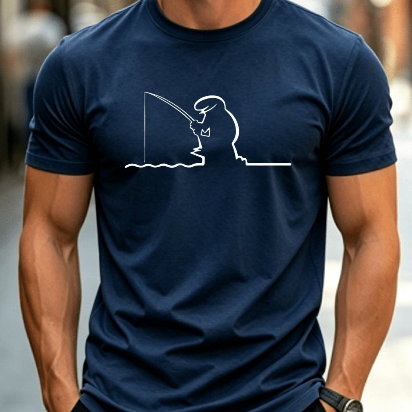 TEMU Men's Minimalist Fisherman Graphic Round Neck Short Sleeve T-shirt, Outdoor Fishing Style Casual Top, 2d Printed Tee, Versatile, Comfortable,