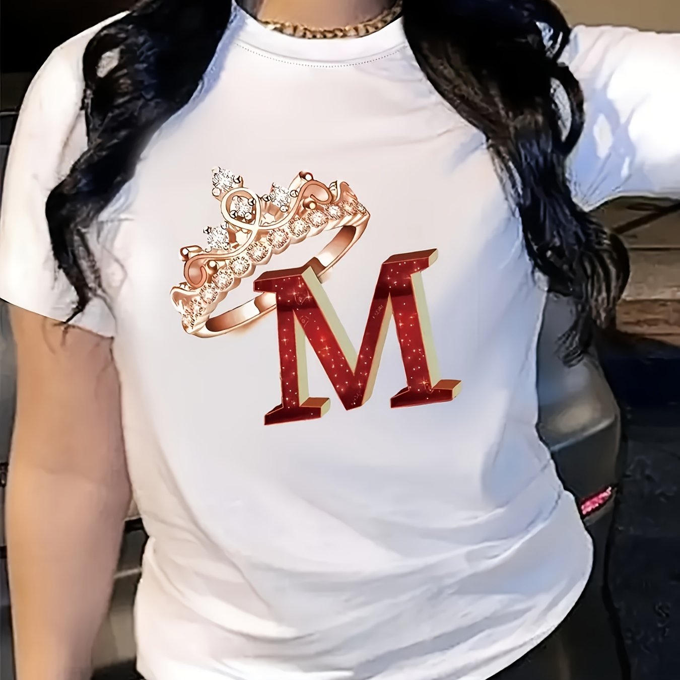 TEMU Women' Red "m" Letter Crown Pattern T-shirt - Casual Round Neck Short Sleeve Top, Suitable For Carnival, Mother's Day, And Valentine's Day -