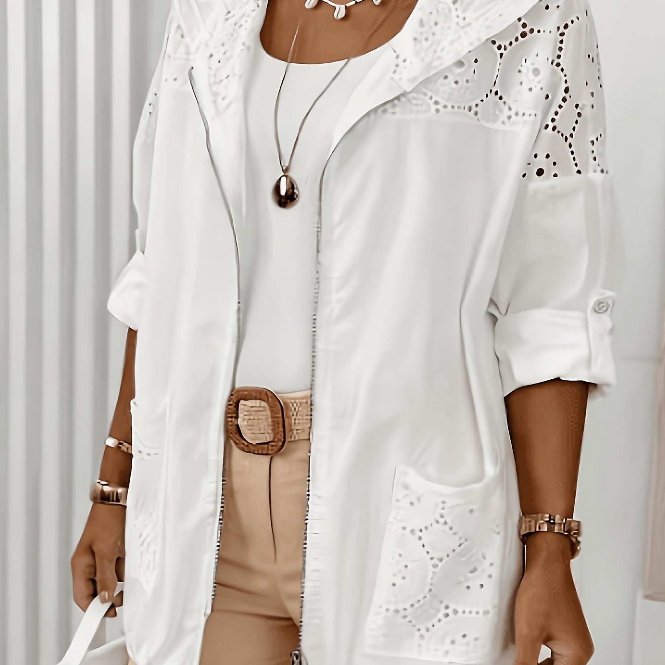 TEMU Plus Size, Plus Size Jacket, Lace , Drawstring, Pockets, Hooded Jacket, Single Piece Jacket