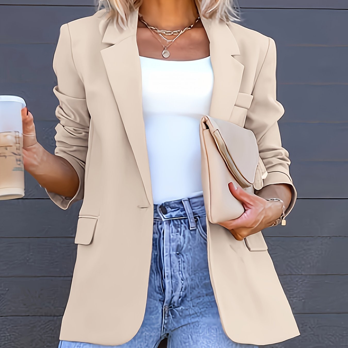 TEMU (asd1) Fashion Women's Elegant Suit Jacket, Fashionable, Slim, Casual, Solid Color, Lapel, Back Vent Design, Single-button Suit Jacket