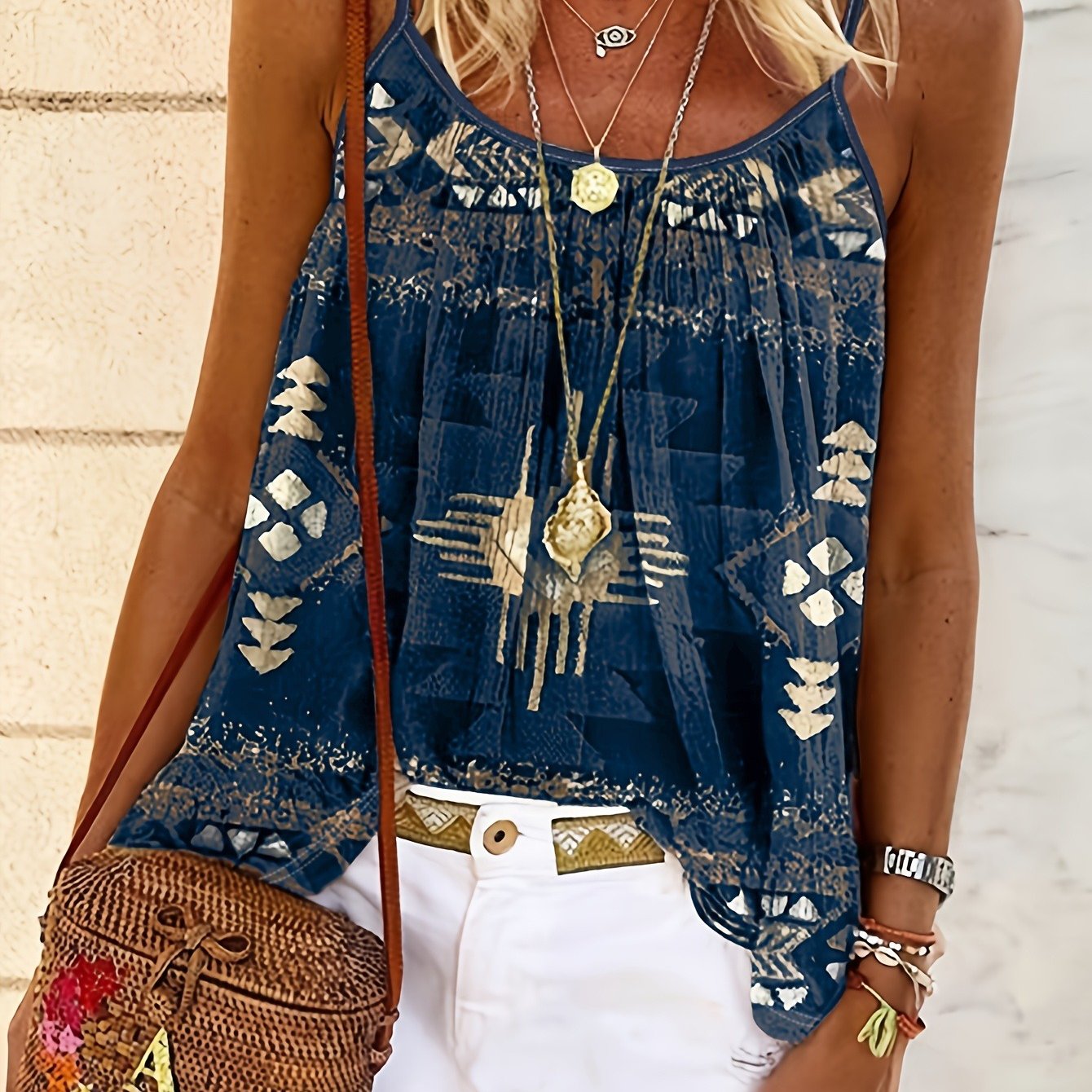 Summer New Fashionable Leisure Vacation Ethnic Style Printed Women's Tank Top, Summer Fashionable Women's Clothing