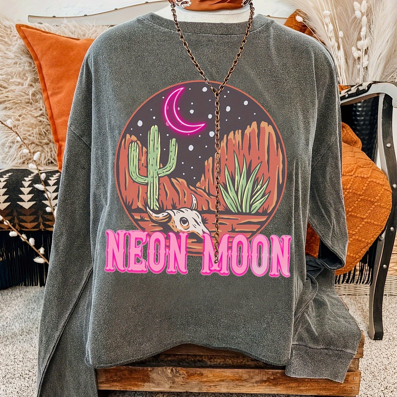E-shop Sweatshirt mit Neon-Cowboy-Aufdruck, Freizeit-Sweatshirt mit Rundhalsausschnitt für Herbst & Frühling, Damenbekleidung