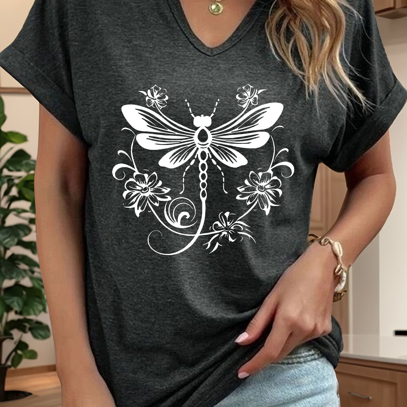 TEMU Women's Casual, Versatile Retro Dragonfly Pattern Printed T-shirt, Casual V-neck Notched Roll-up Sleeve Top, Summer And Spring Women's Clothing