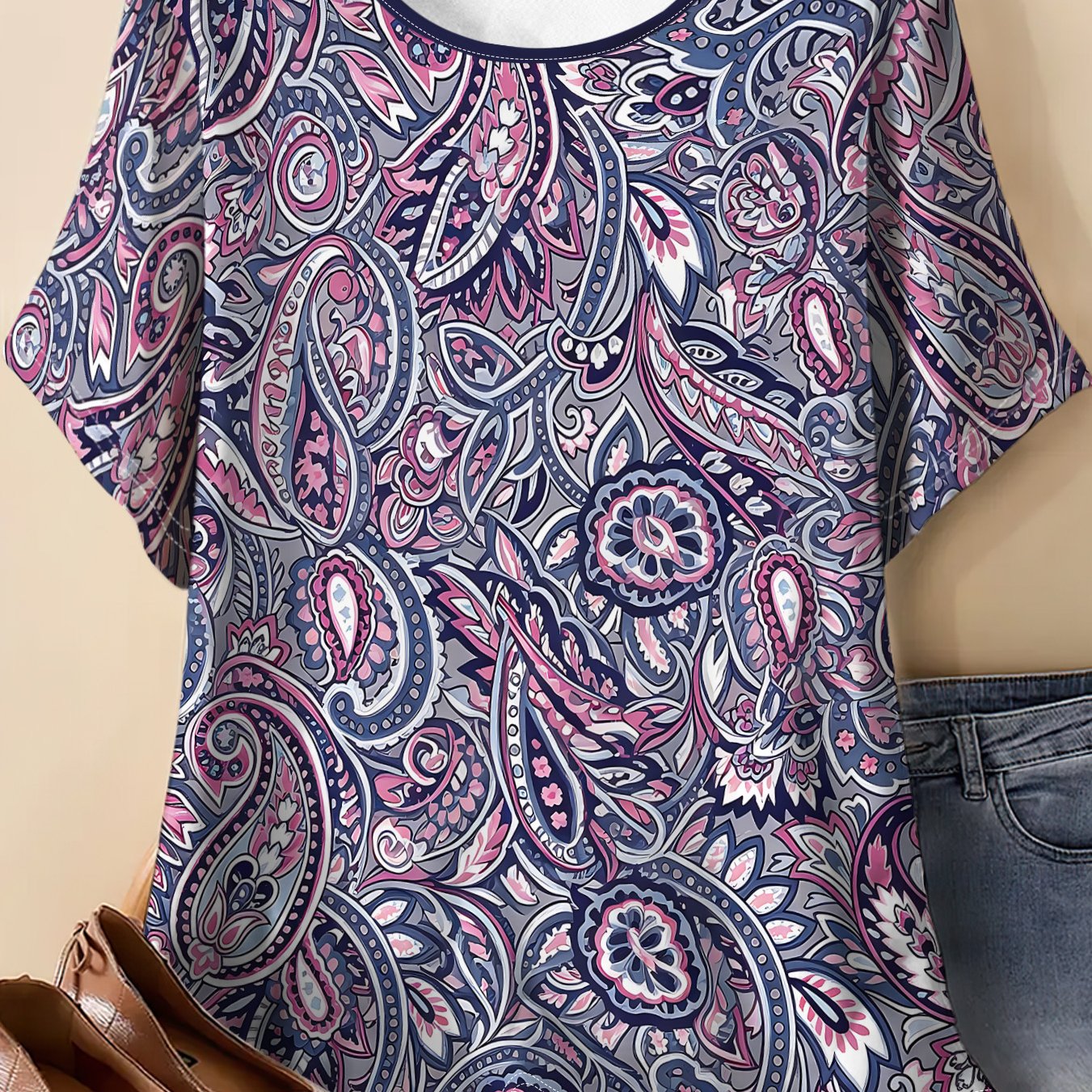TEMU Women's Plus Size Round Neck Short Sleeve T-shirt, Purple Paisley Floral Vintage Print, Lightweight And Breathable, Retro Casual Daily Wear