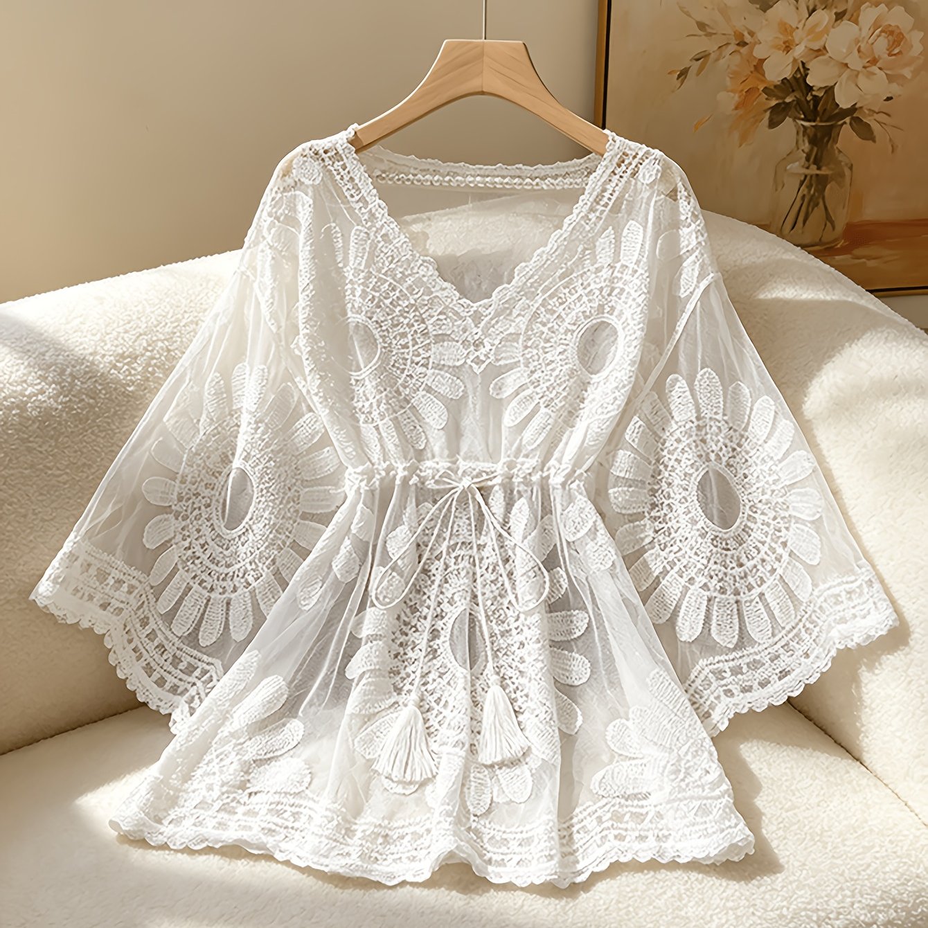TEMU A Bohemian- Cover-up With Lace Openwork Design, Suitable For Spring And Summer Solid-color Beach, Seaside, Casual Vacations, , Gatherings, Music