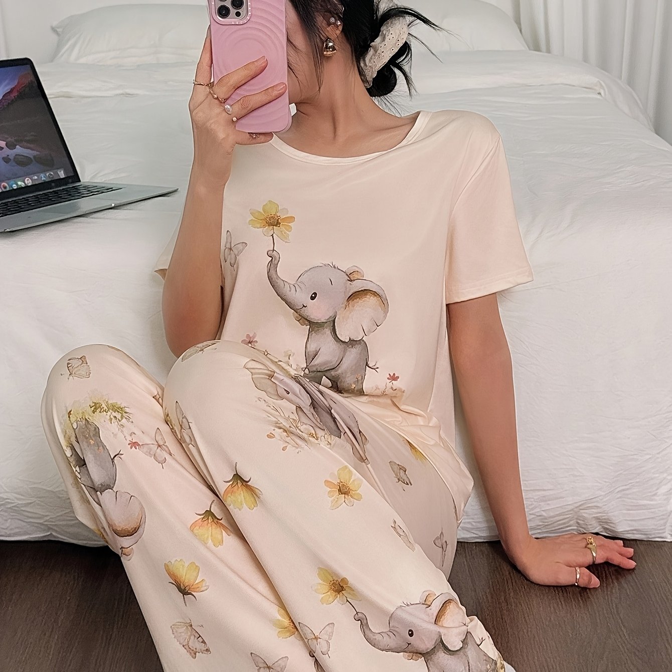 TEMU Set pigiama 2 pezzi con stampa elefante | top casual a maniche corte e pantaloni lunghi, vestibilit� per