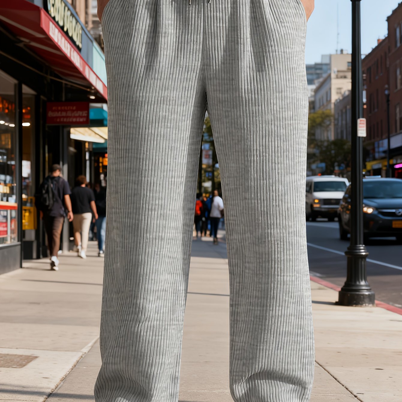 TEMU Luxury Men's Vertical Stripe Jacquard Casual Trousers - Adjustable Elastic Waistband, Lightweight And Breathable Regular Fit, Comfortable For ,