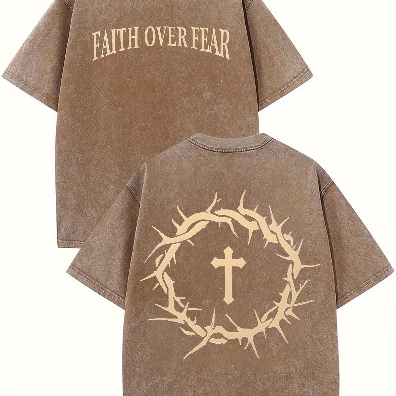 Faith over fear Patterns Vintage Washed High Quality Cotton Patterned T-Shirt Men&#39;s T-Shirt Old Summer Clothing Drop Shoulder Sleeve Round Neck Tops Short Sleeve