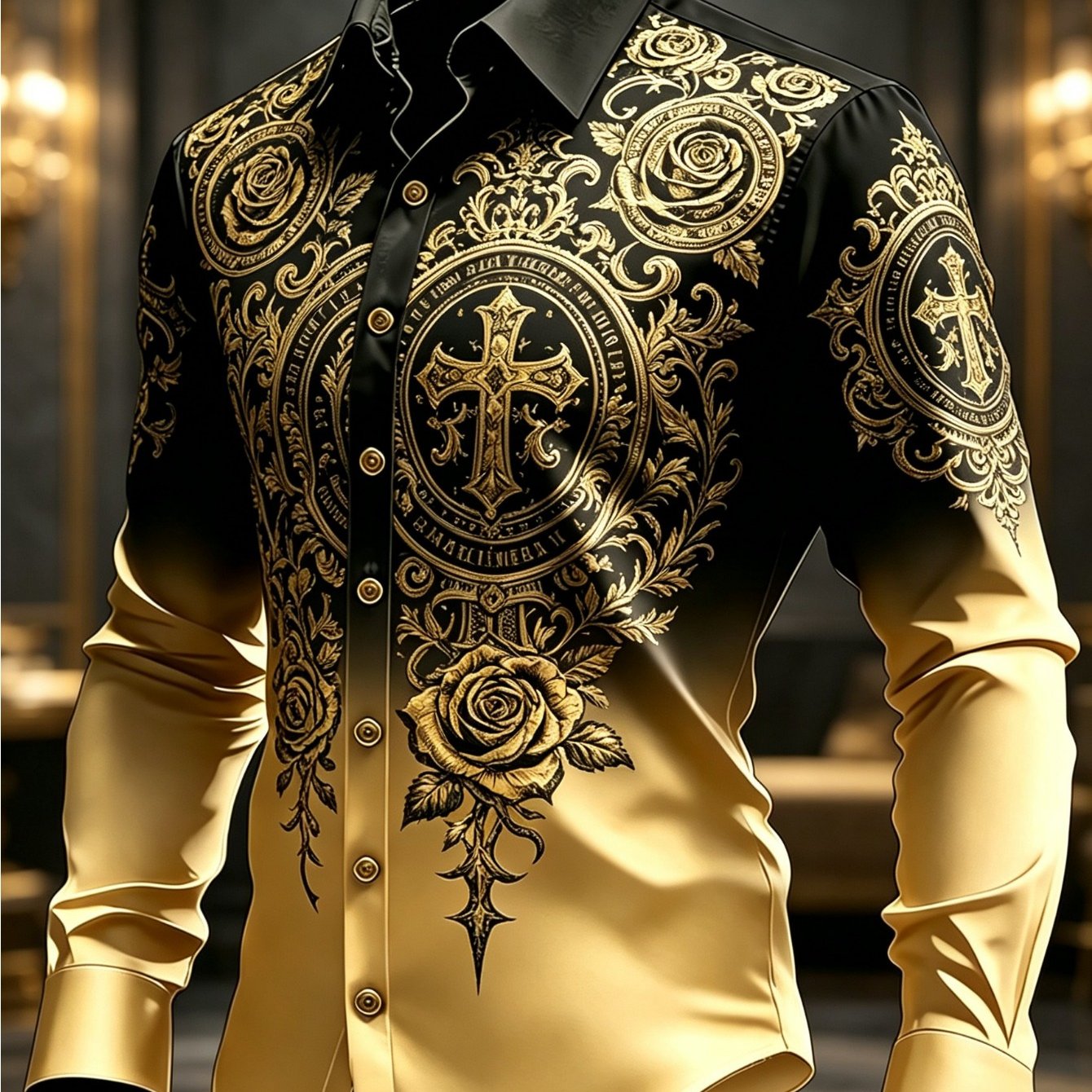 Image of Men's Gothic Baroque Button- Shirt With Cross Rose Floral Print & Ombre Black Golden Suitable For Daily Wear, Parties, Halloween, Vacations - Luxury Relaxed Fit Long Sleeve For - Machine Washable Top