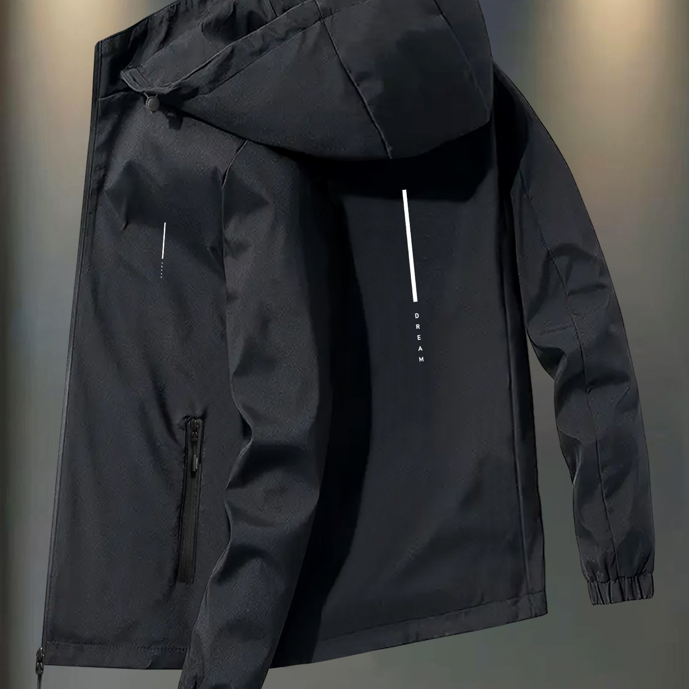 TEMU Men's Fashion Windproof Hooded Jacket With Minimalist Letter , Zipper Pocket Outerwear, Hooded Windbreaker For Casual And Sporty Wear