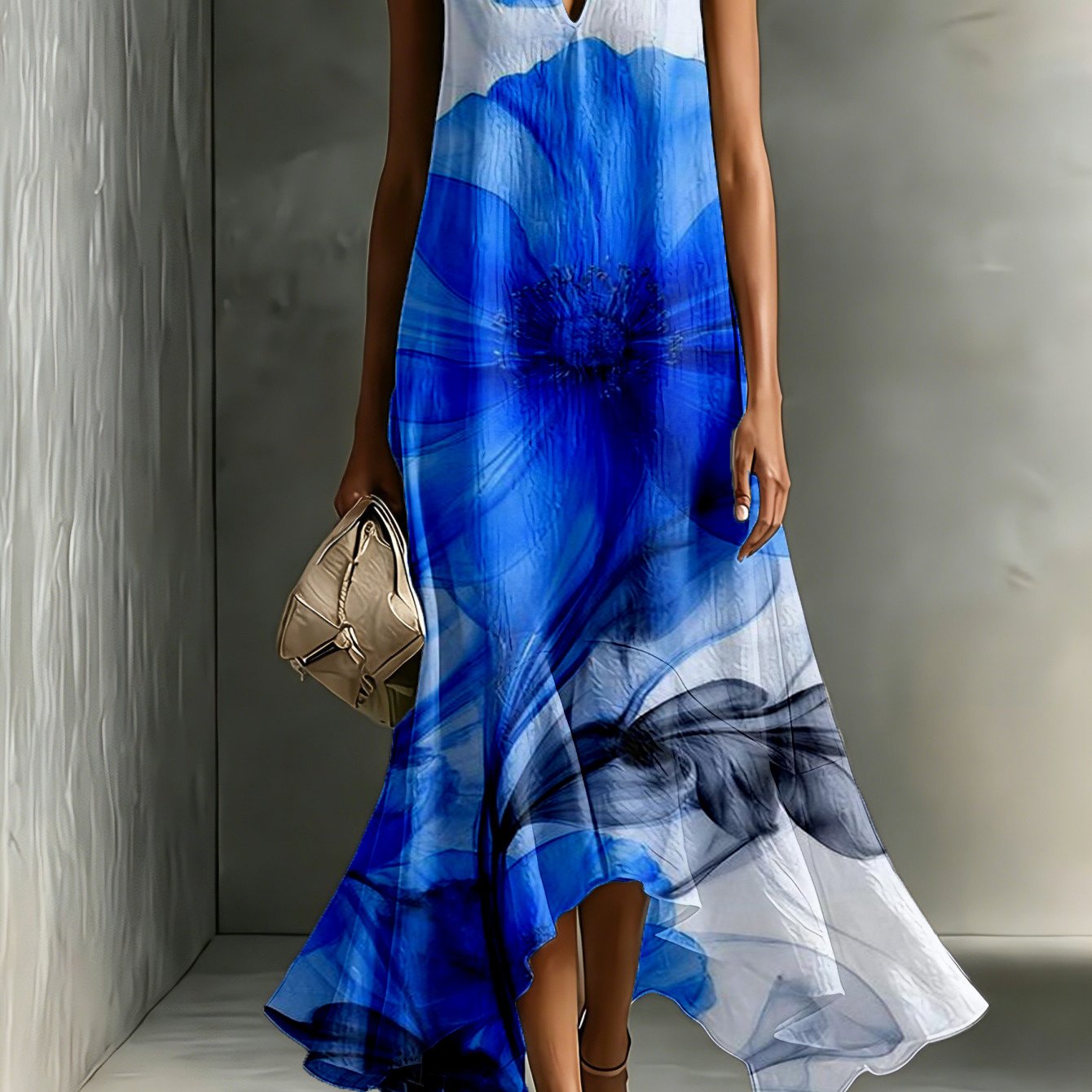 Women's Sleeveless V-neck Long Dress, Flowing Print, Loose Irregular Hem, Long Skirt, Casual Vacation Beach Dress - 33
