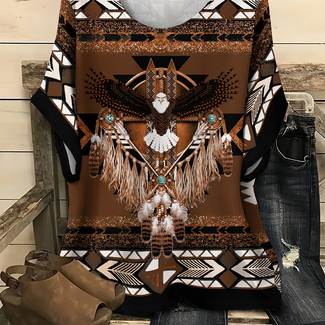 Plus Size - Plus Size - Plus Size New Ethnic-style Totem Pattern Print Short-sleeve Women's T-shirt, Round-neck Casual Loose-fitting Fashion T-shirt, Additions Not Included