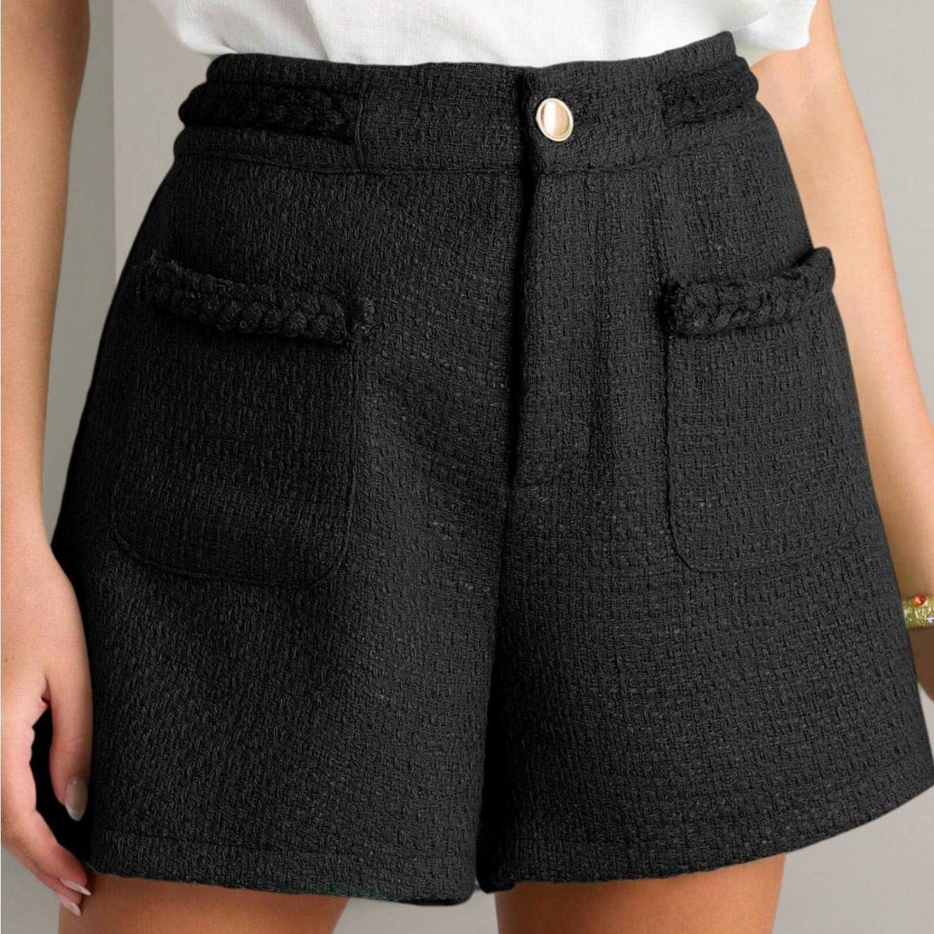Womens Tweed Summer Shorts High Waisted Wide Leg Dressy Casual Shorts With Front Pockets