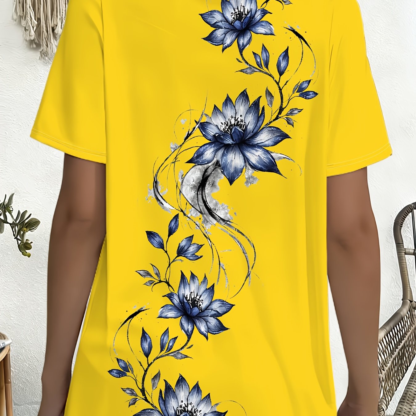TEMU Yellow Printed Loose Short-sleeve T-shirt, Women's Plus Size Fashion Floral Pattern Casual Top