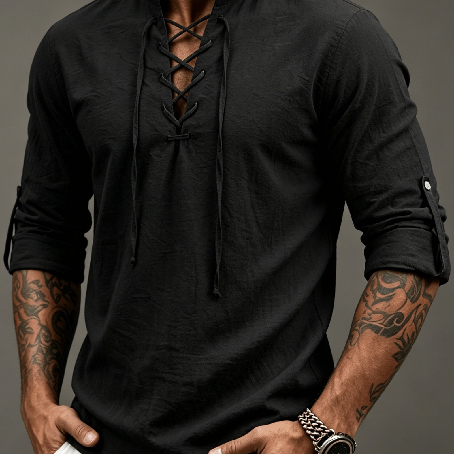 TEMU 1pc Men's Vintage Linen Shirt | Lace-up Stand Collar, Roll-up Sleeves | Breathable -linen | | For Beach, & Casual Wear